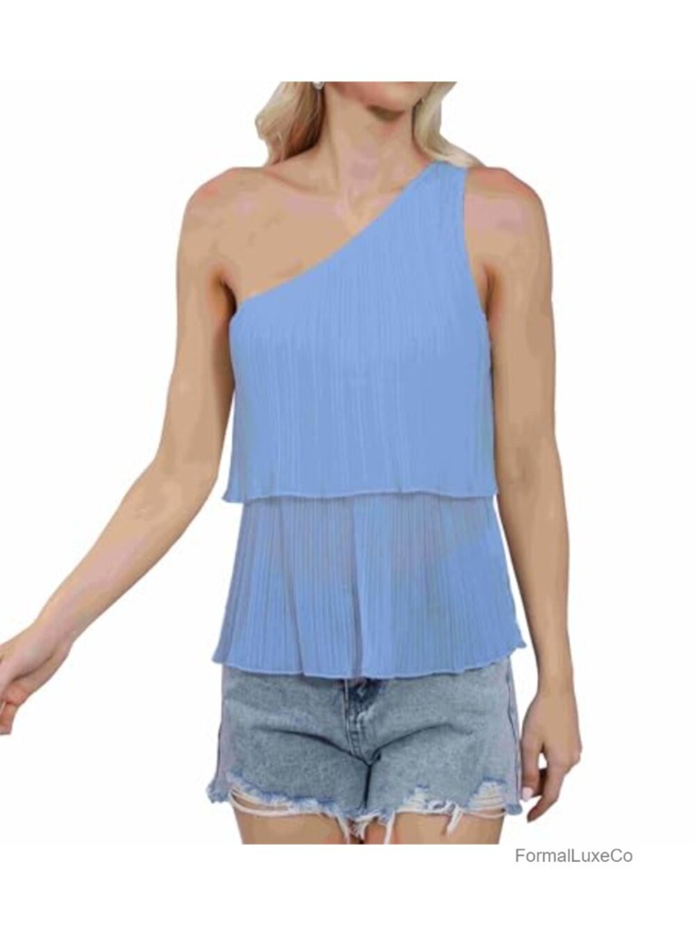 Women's One Shoulder Ruffle Sleeveless Chiffon Top Flowy Tiered Blouse